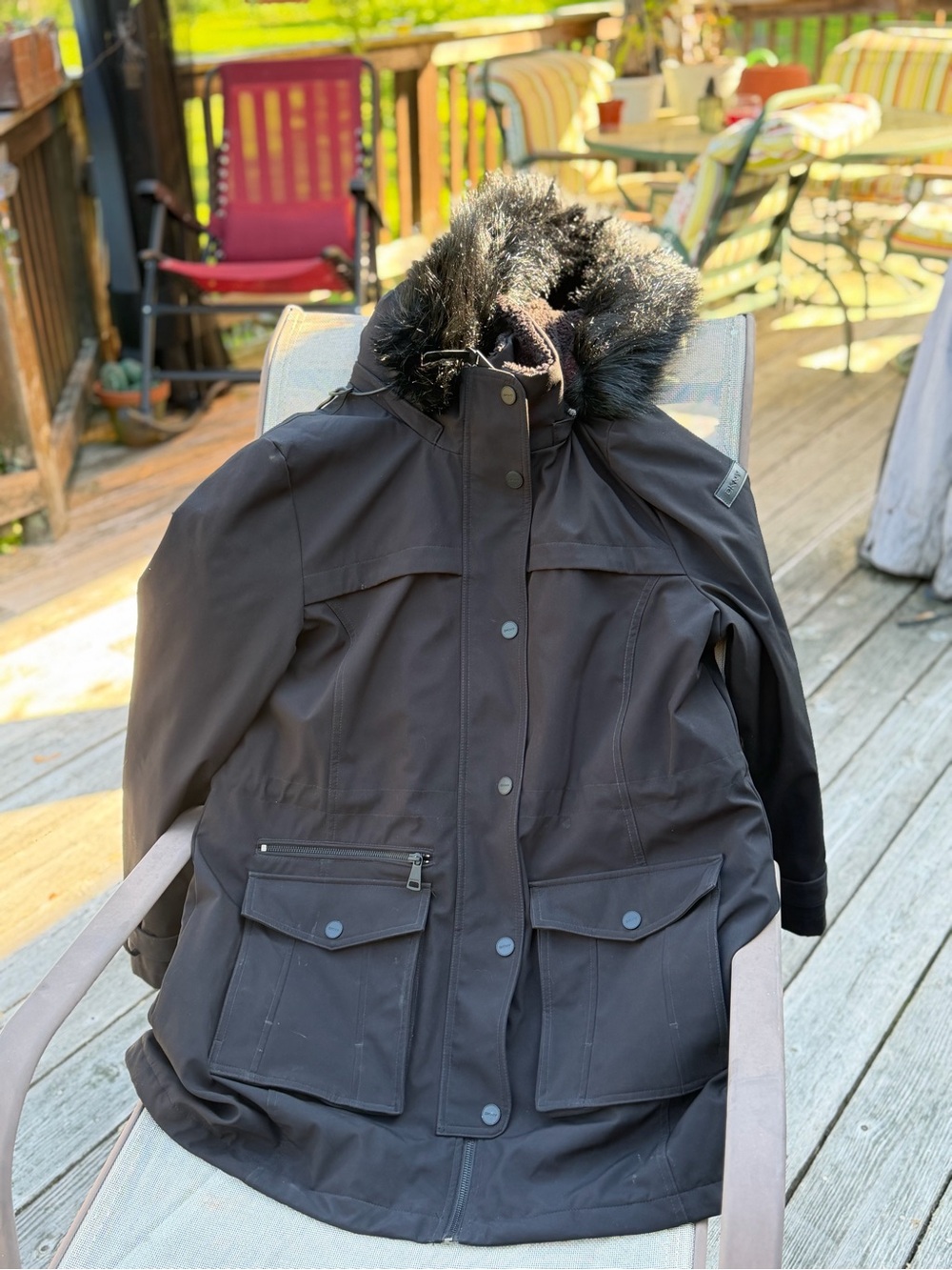 DKNY New York Black Faux Fur Hooded Sherpa Lined Winter Parka Coat XL